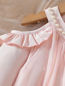 年轻女孩时尚可爱落肩花卉 3D 欧根纱串珠领连衣裙