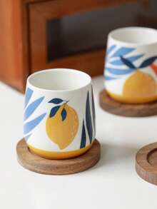 4pcs Elegant Lemon Creative Ceramic Espresso Cups Set With Wooden Tray, Couple/Family Weekend Coffee Mugs, Daily Italian Demitasse Cups, Afternoon Tea Novelty Dopamine Mugs, Small Water Cups - Multicolor - View 6