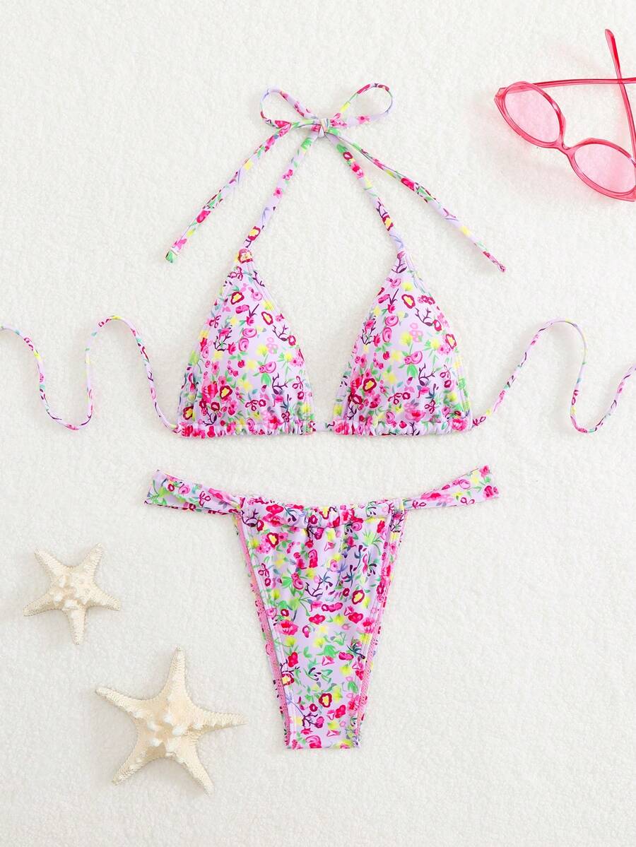 紫色花卉印花性感露背吊带优雅波西米亚风沙滩比基尼，适合海滩、派对、休闲、夜间外出、健身、夏季