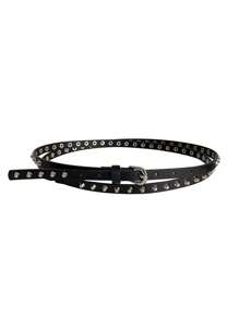 1 pieza Cinturón extra largo de mujer de doble capa casual, estilo punk retro con hebilla de metal, remaches, correa de cuero vaquero occidental para uso diario, fiestas, escuela, otoño, Halloween