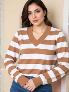 TRICOZHU Knitted Long Sleeve Striped Blouse V-Neck Striped V-Neck Blouse Polyester With Elastane Ribbed Collar And Cuff ONE SIZE 36-44 - Màu nâu  Mocha - Xem 1