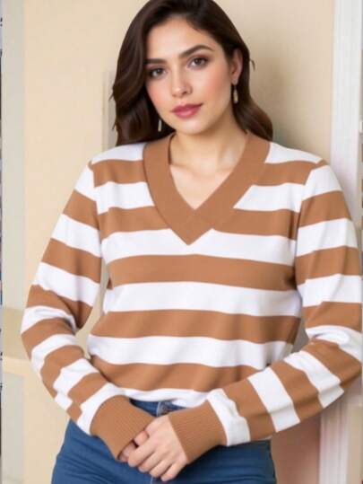 TRICOZHU  Tricô Blusa Manga Longa Listrada  COLA  VBlusa Gola V Listrada Poliéster com elastano Gola e punho canelada TAMANHO ÚNICO 36-44