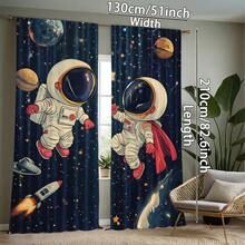 2 piezas Cortinas con estampado de astronauta, tela de poliéster de 100-120g, diseño de bolsillo para barra, estilo moderno, impresión por sublimación de primavera, decoración estacional, sin forro, adecuado para dormitorio, sala de estar - Multicolor - Ver 16
