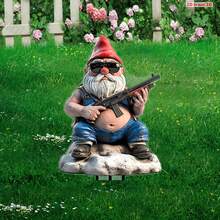 [2D Flat] 1pc Gnome With Gun Acrylic Yard Sign - 6.29" X 11.8" Outdoor Decorative Garden Stake, Perfect Father'S Day Gift For Family And Friends, No Battery Needed, Floor-Mounted Art Deco Style, Outdoor Decoration | Whimsical Garden Decor | Durable Plastic Sign, Yard Decor - Multicolor - View 1