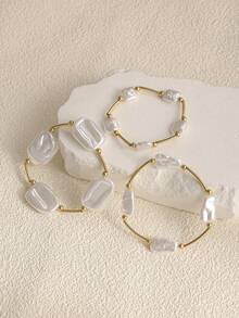 3pcs/Set Fashionable Baroque Faux Pearl Elastic Bracelets, Elegant Bracelet Set For Women, Suitable For Daily, Dating, Party, Wedding Jewelry Wear