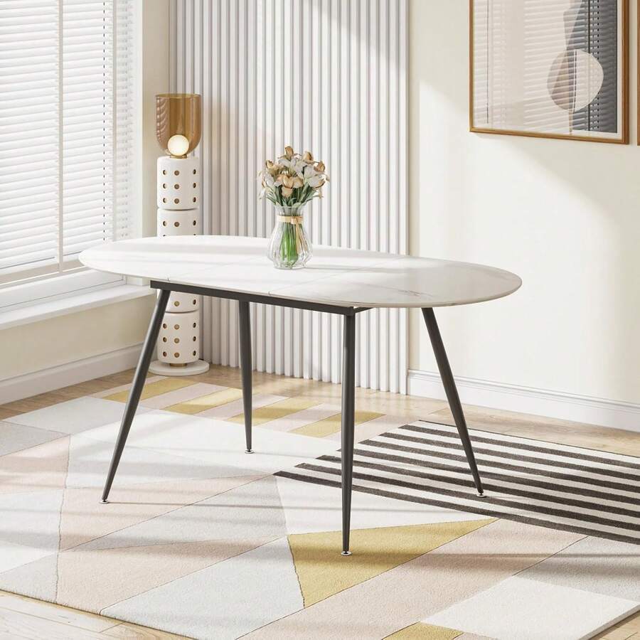 Jooli H Extendable Dining Table, 120-160cm Modern Marble Effect Kitchen Table For 4-8 People