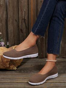 休闲刺绣透气一脚蹬平底鞋，夏季新款棕色圆头户外步行鞋，时尚百搭舒适轻便帆布鞋 - 咖啡棕 - 查看 2