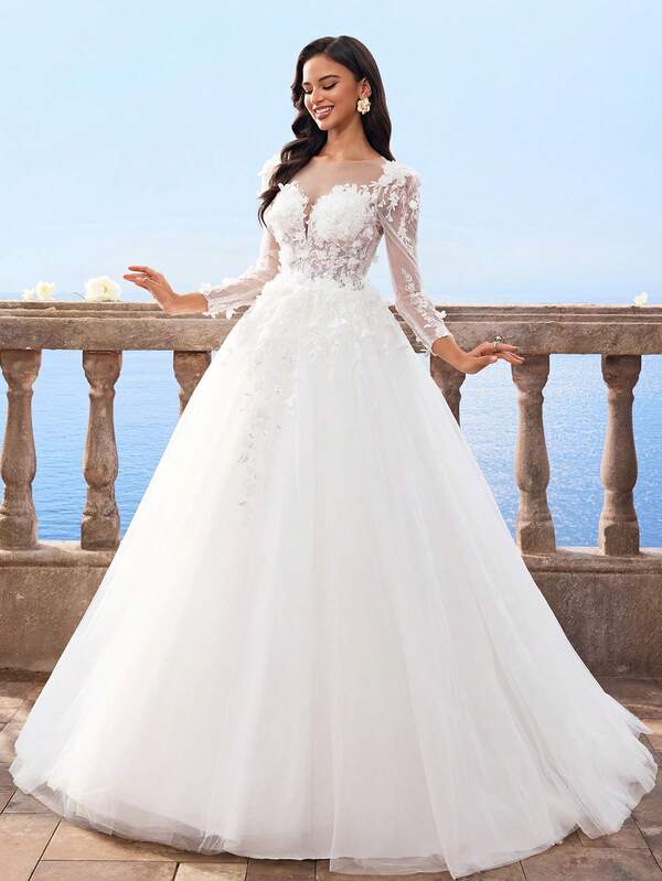 华丽优雅高贵白色3D蕾丝长袖加大A字型新娘婚纱