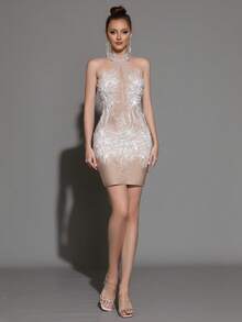 Modphy High-Quality Fashion Sleeveless Beaded Sequin Bodycon Mini Skirt, Elegant Women's Formal Party Dress, Suitable For Wedding Guests, Holidays, And Special Occasions - Apricot - View 1