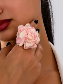 1pc Chiffon Flower Design Ring For Women, Vacation Accessories - Pink - View 6