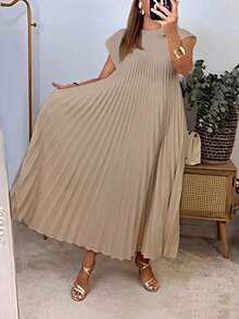 Women's Summer Elegant Solid Color Pleated Long Dress - Khaki - View 4