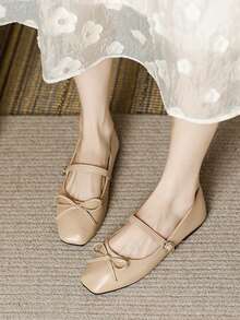 Women's Fashion Square Toe Slip-On Bow Decor Shoes, Office Casual Versatile Ballet Flats, Spring Summer Outdoor Wear, High Quality Vibe, Light Color Party Wedding Flat Shoes - 杏色 - 查看 5