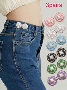 3 jeux de Superfect Camélia Resserrant de taille de pantalon, boutons fleurs, épingles et boucles ajustables sans couture, clips de pantalon détachables pour jupes et jeans