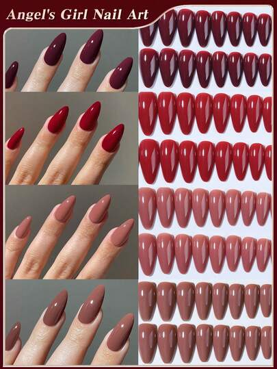 96 件（4 种混合）长杏仁红色和咖啡色尖头按压指甲短丙烯酸指甲尖全覆盖假指甲哑光尖头按压指甲，包含 1 件果冻胶和 1 件指甲锉，带收纳盒，适合女性和女孩日常生活和派对使用指甲用品指甲