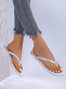 Women's Fashion Rhinestone Soft Bottom Flip Flops, Minimalist & Practical Multi-Function - Silver - View 1