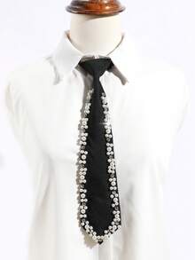 1pc Men's Fashion Shiny Crystal Faux Pearl Edged Tie, Suitable For Dates, Parties, Weddings, Groomsmen - Black - View 6