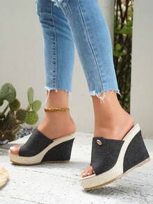 Women's Fashion Open Toe Platform Wedge Slide Sandals - Black - View 3