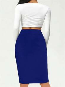 Women's Flowing Hip Skirt - Solid Color Low-Waisted Slim Slim Fit, Spring And Summer Casual Style - Xanh đậm - Xem 4