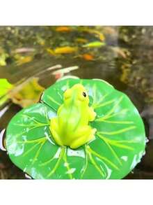 树脂青蛙雕像漂浮在荷叶上 - 独特的绿色青蛙，黑眼睛，白肚子，非常适合花园池塘、泳池装饰和季节性庆典装饰 | 动物雕塑 | 逼真的青蛙雕像，青蛙花园装饰