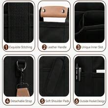 Bolso de lona con múltiples bolsillos para mujer, elegante y espacioso bolso bandolera, duradero, de gran capacidad, versátil, con cómoda correa de hombro y compartimentos organizados. - Negro - Ver 5
