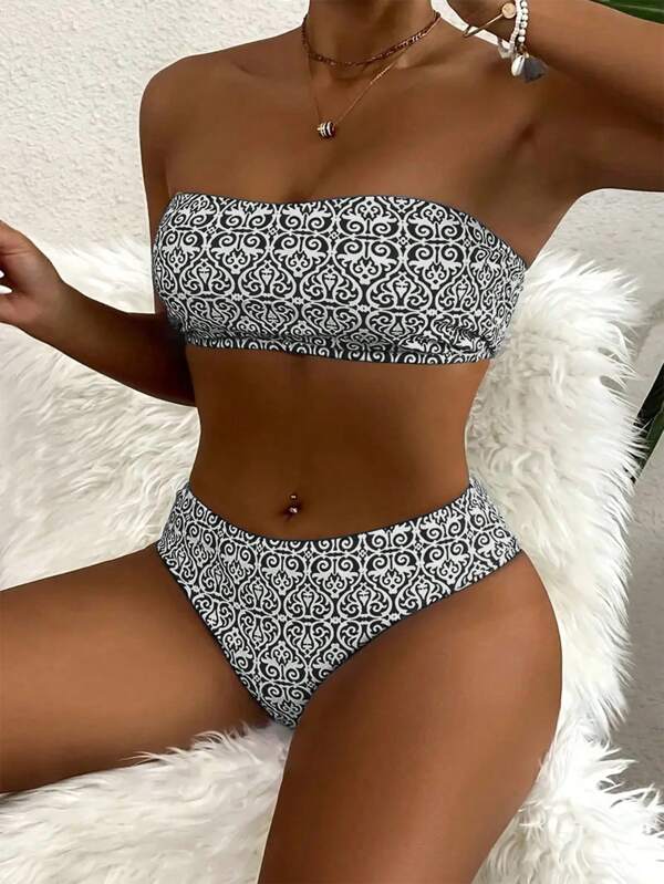 [Hochelastischer Bikini] Neuer sexy und reizvoller hochelastischer Damen Bikini-Anzug - maschinenwaschbar, zufälliges Druckmuster, Bandeau-Top und hochgeschnittene Hose Badeanzug.