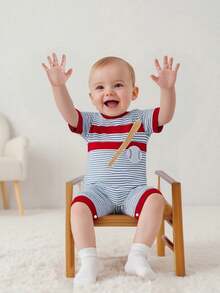 Baby Boy Baseball Embroidered Romper Striped Short Sleeve Waffle Knit Bodysuit Casual Summer Clothes - Blue - View 2