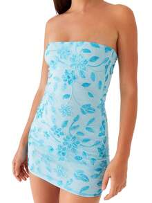 Women Sparkly Beaded Floral Tube Top Dress Slim Off Shoulder Sleeveless Open Back Sequin Mini Bodycon Dress - 藍色 - 查看 1