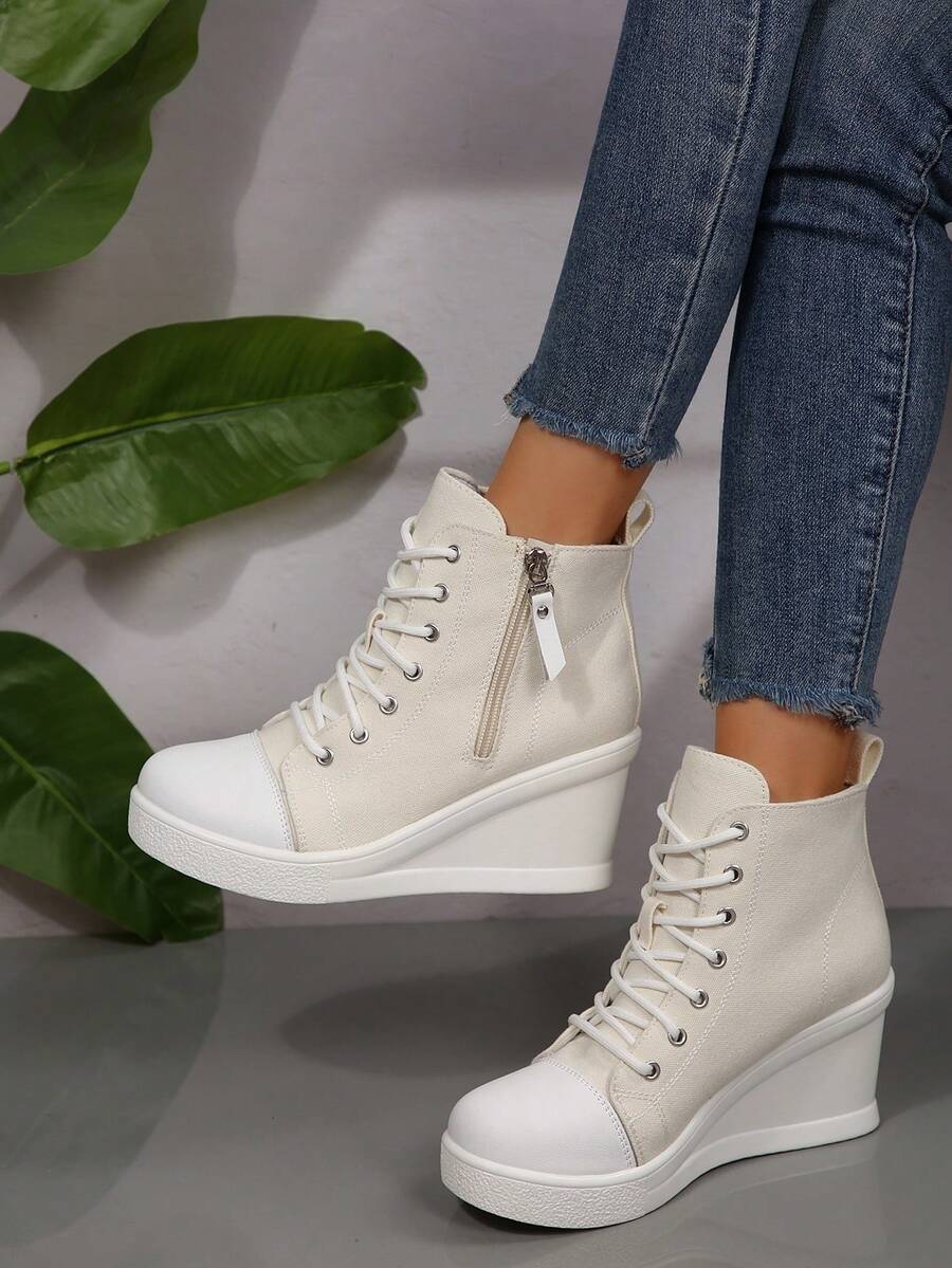 秋冬女士休闲帆布坡跟隐形增高运动鞋 - 白色 - 查看 1