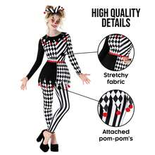 Morph Costumes Scary Women's Jester Costume - Fun Fancy Dress For Halloween Parties, Clown Harlequin Outfit With Jazzy Print & Pompoms - White - View 4