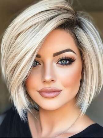 10 Inch Short Ombre Blonde Bob Wigs With Bangs Straight Wigs Layered Cut Wigs For Women Girls Ladies Daily Use