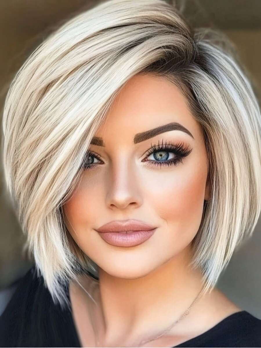 10 Inch Short Ombre Golden Bobbed Wig With Bangs, Straight Hair With Layered Cut, Suitable For Women, Girls, Ladies Daily Wear - Multicolor - View 1