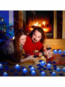 24 件心形 LED 无焰蜡烛，蓝色浪漫爱情 LED 茶灯，适合浪漫之夜、情人节、周年纪念、婚礼、晚宴派对装饰