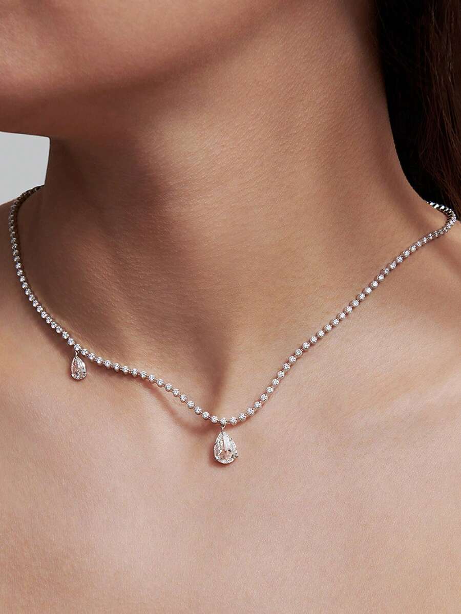 1pc Silver Asymmetrical Double Water Drop Rhinestone Pendant Necklace For Women - Silver - View 1