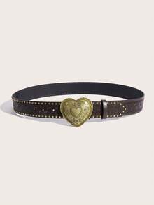 1pc Vintage Buckle Print Pattern PU Leather Belt, Unisex Fashion Versatile Accessory Suitable For Everyday Wear - Coffee - View 2