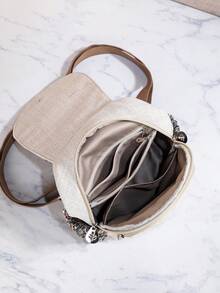 1pc Hand-Woven Floral & Dragonfly Patterned Multifunctional Casual Backpack/Shoulder Bag/Chest Bag, School Backpack - Beige - View 6