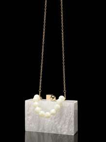 Acrylic Clutch Wallet, Marble Pattern Handbag, Women's Crossbody Bag With Pearl Chain, Formal Wedding/Gala