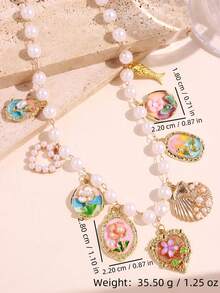 1pc Vintage Elegant Floral Necklace, Multicolor Enamel Alloy Pendant Beaded Necklace For Women, Cute Flower, Shell, Fish, Heart Design For Daily Wear - Multicolor - View 10