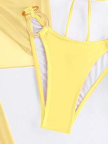 3pcs Set Women Velentines Hibiscus Red Swimwear For Summer Days From Poolside To Beachside, Basic Elegant Bikini Floral Decor Coverups Sarong Beachwear,Easter,Holiday Outfits,Going Out Tops,Date Night Outfits Women,All Women Clothes,Fall Clothes - Yellow - View 5