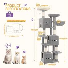 HEXCELEN 76" Cat Tree, Large Cat Tower For Indoor Cats, Cats House Furniture With 2 Platforms, 3 Condos, 7 Scratching Posts, 1 Basket, Pompoms, Washable Cushion, Cat Necessities, Cat Toys, Light Grey - 淺灰色 - 查看 9