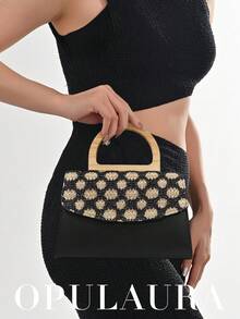 OpulAura Summer Vacation Style Woven Clutch Bag, Fashionable Floral Pattern Straw Texture Handbag, Party/Evening Bag, Random Cut, Suitable For Women, Suitable For Party, Wedding, Prom, Very Suitable For Party, Wedding, Prom Evening/Banquet, Paired With Holiday Party Dresses, Evening Gowns And Beachwear - Black - View 8