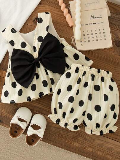 2pcs/Set Baby Girls' Summer Polka Dot Backbow Tank Top And Shorts, Cute Casual Vacation Outfit