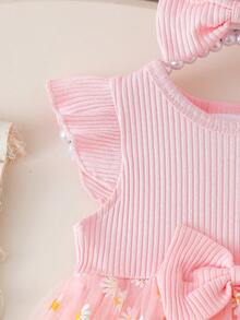 女婴花卉印花圆领荷叶边盖袖连衣裙，配有蝴蝶结头带，适合外出、聚会和拍照 - 粉色 - 查看 3