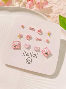 1 套桃花花卉粉色泰迪熊耳环 - 彩色 - 查看 8