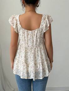 Ditsy Floral Square Neck Ruffle Hem Blouse - Apricot - View 2