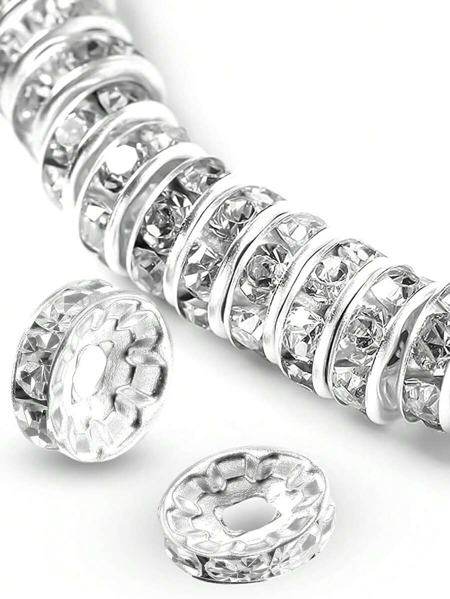 100/200/500pcs Plated Round Spacer Beads Czech Crystal Rhinestones For Jewelry Making, Bracelet - Silver White - View 1