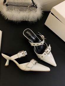 2025秋冬新款女士时尚尖头穆勒鞋，白色，优雅，女士浅口鞋，猫跟鞋，双扣带设计，一脚蹬高跟鞋