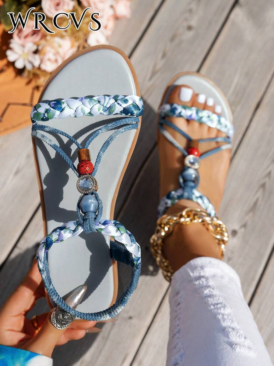 WRCVS 蓝色女士凉鞋，交叉带平底凉鞋，露趾，轻便，防滑，度假风格，编织图案随机流苏波西米亚户外凉鞋