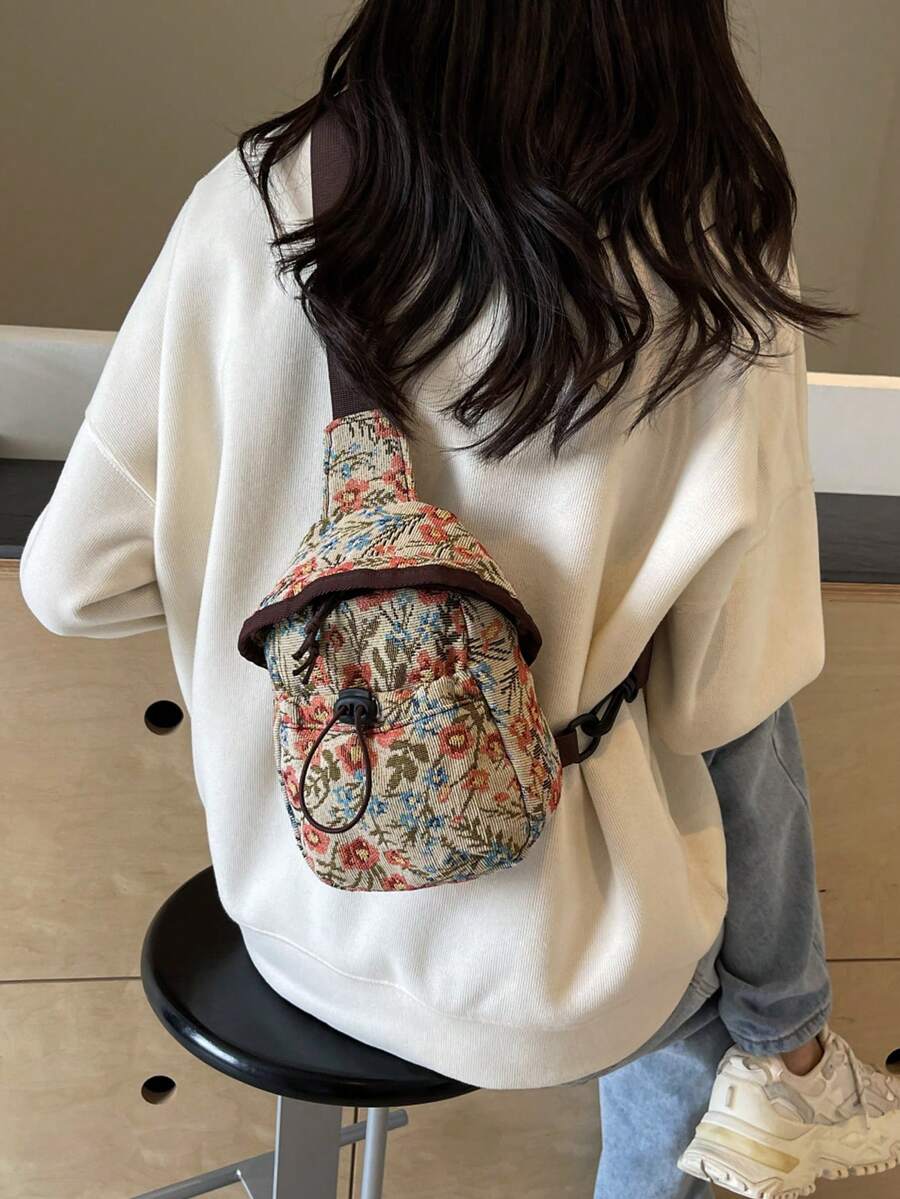 Bohemian Embroidered Floral Mini Crossbody Bag, Small Capacity Polyester Shoulder Bag With Zipper Closure And Lining - Pink - View 1