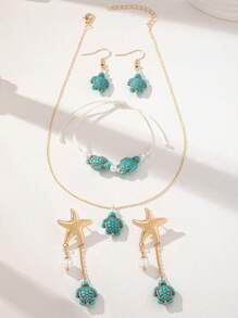 1 Set Summer Vocation Beach Style Blue Turquoise Stone Cute Sea Turtle Pendant Necklace Earring Bracelet Jewelry Set