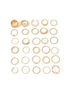 30pcs Metal Textured Rhinestone Rings Set, Minimalist Everyday Stackable Fashion Finger Rings For Women - 30 Patterns - View 2
